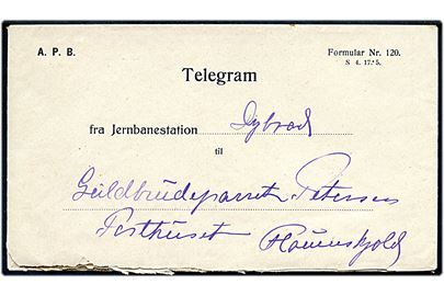 Aalborg Privat-Baner (A.P.B.) telegramformular Nr. 119 med meddelelse fra Nørager d. 6.5.1924 til Dydvad station og omdelt til Flauenskjold. Medfølger kuvert formular Nr. 120.
