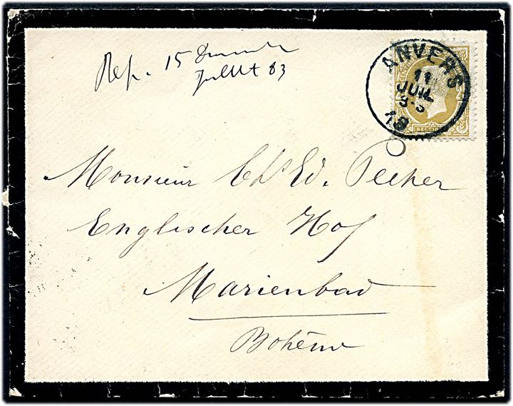 25 c. Leopold single på sørgekuvert fra Anvers d. 11.7.1883 til Marienbad,  Østrig.