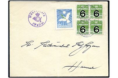 6/7 øre Provisorium i fireblok og Julemærke 1940 på brev annulleret med svagt bureaustempel Fredericia - Aalborg ca. 1940 og sidestemplet med posthornstempel Munkebjerg (Vejle) til Hammel.