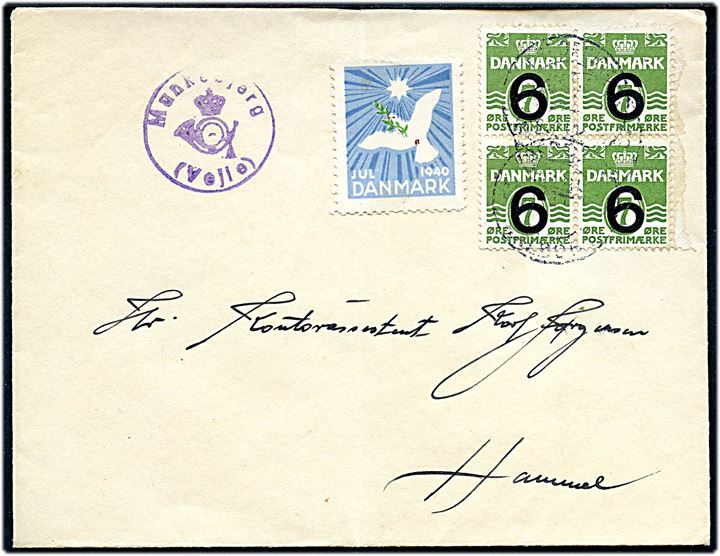 6/7 øre Provisorium i fireblok og Julemærke 1940 på brev annulleret med svagt bureaustempel Fredericia - Aalborg ca. 1940 og sidestemplet med posthornstempel Munkebjerg (Vejle) til Hammel.