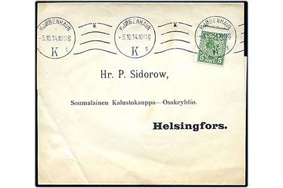 5 øre Chr. X med perfin Malteserkors (DFDS) på korsbånd sendt som tryksag fra Kjøbenhavn d. 3.10.1914 til Helsingfors, Finland.