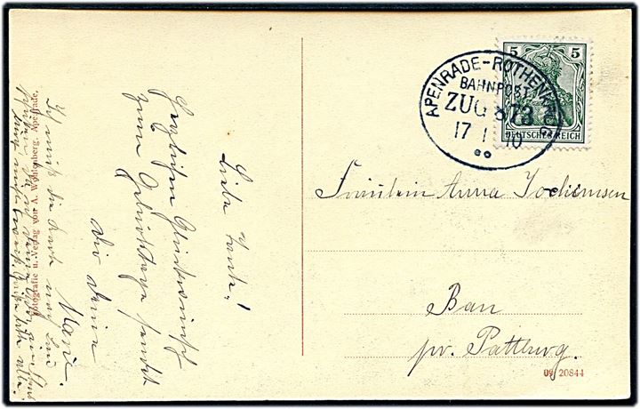 5 pfg. på brevkort (Apenrade, Knapp und Aubecker Bucht)  annulleret med bureaustempel Apenrade - Rothenkrug Bahnpost Zug 873 d. 17.1.1910 til Bau pr. Pattburg.