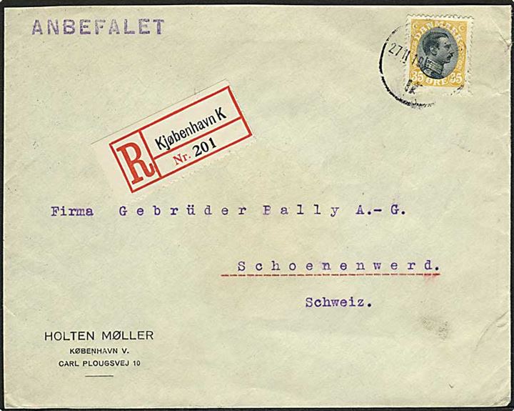 35 øre Chr. X single på anbefalet brev fra Kjøbenhavn d. 27.11.1919 til Schoenenwerd, Schweiz.