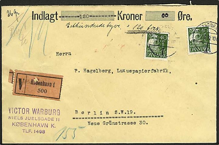 40 øre Karavel (2) på værdibrev fra København d. 7.6.1932 til Berlin, Tyskland.