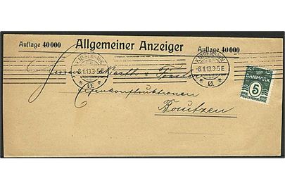 5 øre Bølgelinie single på korsbånd sendt som tryksag fra Kjøbenhavn d. 8.1.1913 til Bautzen, Tyskland.