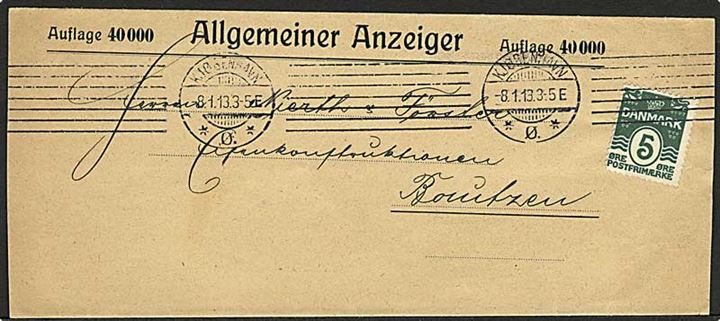 5 øre Bølgelinie single på korsbånd sendt som tryksag fra Kjøbenhavn d. 8.1.1913 til Bautzen, Tyskland.