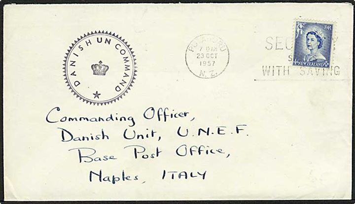 New Zealand 4d Elizabeth på brev fra Putaruru d. 23.10.1957 til Danish Unit, UNEF via Base Post Office Neaples, Italy og stemplet Danish UN Command. 