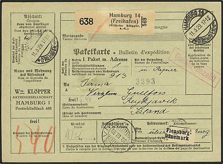 Ufrankeret adressekort stemplet Gebühr bezahlt stemplet Hamburg Freihafen d. 11.3.1929 via Flensburg og København til Reykjavik, Island. Ank.stemplet Reykjavik d. 30.3.1929.