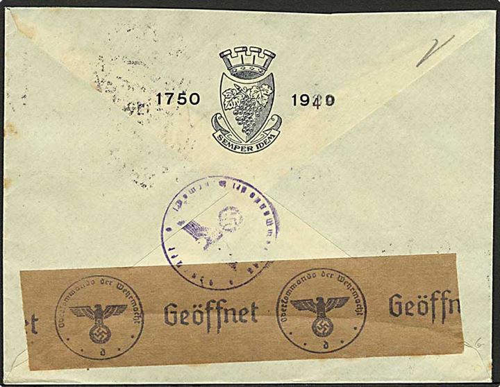 1$75 i parstykke på luftpostbrev fra Porto 1940 til Lübeck, Tyskland. Påskrevet: Per Ala Littoria via Lisboa-Madrid-Roma. Åbnet af tysk censur.