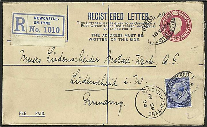 4½d George V anbefalet helsagskuvert opfrankeret med 2½d George V fra Newcastle on Tyne d. 18.9.1924 til Lüdenscheid, Tyskland.