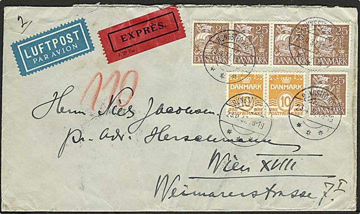 10 øre Bølgelinie (2) og 25 øre Karavel (5) på 1,45 kr. frankeret ekspres luftpostbrev fra Rungsted Kyst d. 23.4.1937 til Wien, Østrig. I Wien befordret med rørpost.