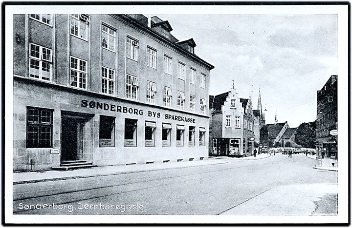 Sønderborg, Jernbanegade med Sparekassen. Stenders, Sønderborg no. 48. 