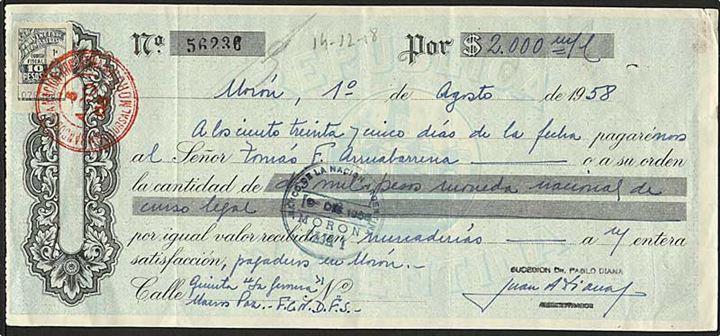 Dokument med 1 peso stempelmærke dateret Moron d. 1.8.1958.