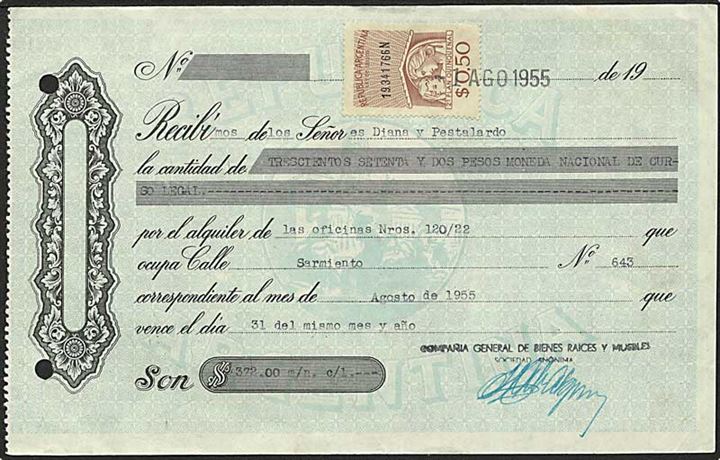 Dokument med 0,50 peso stempelmærke dateret 1.8.1955.