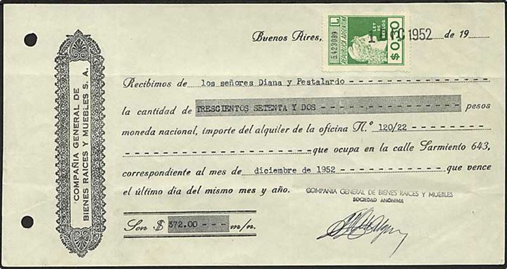 Dokument med 0,30 Peso stempelmærke dateret d. 1.10.1952.