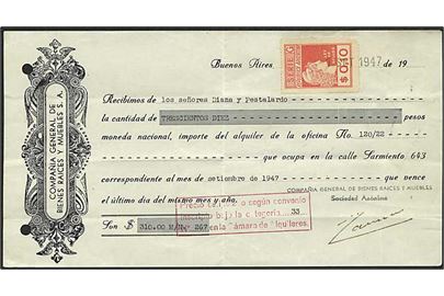 Dokument med 0,10 peso stempelmærke dateret d. 1.9.1947.