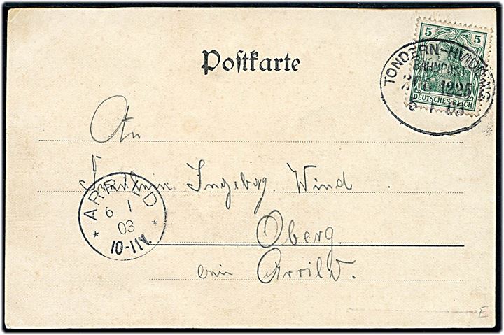 Döstrup, Hilsen fra med partier. L. Petersen & Co. u/no. Frankeret med 5 pfg. Germania annulleret med bureaustempel Tondern - Hvidding Bahnpost Zug d. 5.1.1903 til Arrild.