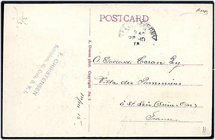 D.V.I., St. Croix, Stuicegate, Jolly Hill. A. Ovesen no. 3. Frankeret med 5 bit Fr. VIII i parstykke fra Frederiksted 1915 til Frankrig.