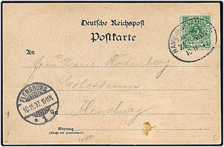 Tyskland, Neumünster, Gruss aus. Nathanson & Sealliel u/no. Frankeret med 5 pfg. Ciffer annulleret med bureaustempel Hamburg - Vamdrup Bahnpost Zug 556 d. 10.11.1897 til Flensburg.
