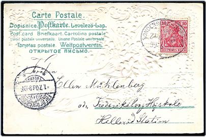 10 pfg. Germania på reliefkort dateret Hagenberg annulleret med bureaustempel Sonderburg - Norburg Bahnpost Zug 5 d. 30.6.1903 til Frederiksborg Højskole pr. Hillerød, Danmark.
