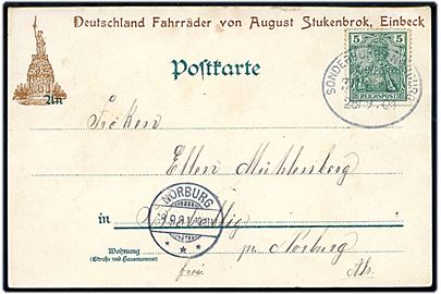 5 pfg. Germania på Fahrräder reklamekort dateret Elstrup station annulleret med bureaustempel Sonderburg - Norburg Bahnpost Zug 2 d. 28.9.1901 til Broballig pr. Norburg. Elstrup var en lille station nær Guderup.