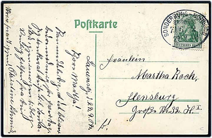5 pfg. Germania på brevkort (Nordborg) dateret Lauensbjerg og annulleret med bureaustempel Sonderburg - Norburg Bahnpost Zug 2 d. 29.9.1909 til Flensburg.