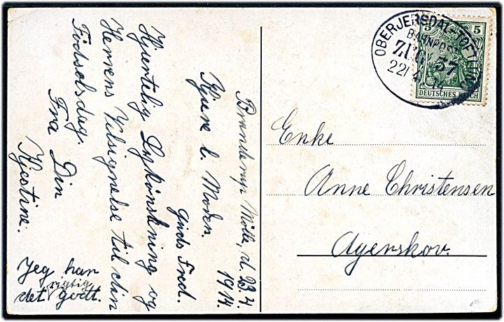 5 pfg. Germania på brevkort dateret Branderup Mölle annulleret med bureaustempel Oberjersdal - Toftlund Bahnpost Zug 37 d. 22.4.1914 til Agerskov.