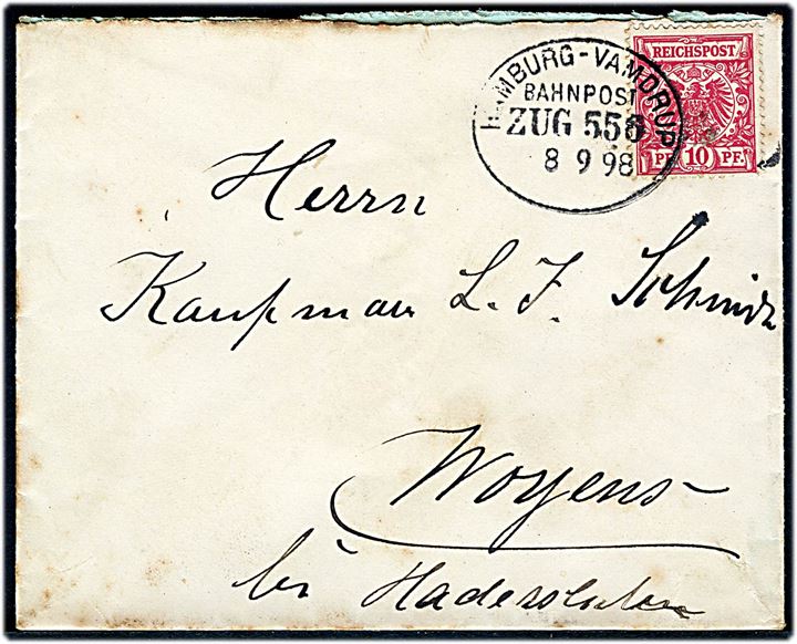 10 pfg. Adler på brev fra Rendsburg annulleret med bureaustempel Hamburg - Vamdrup Bahnpost Zug 556 d. 8.9.1898 til Woyens.