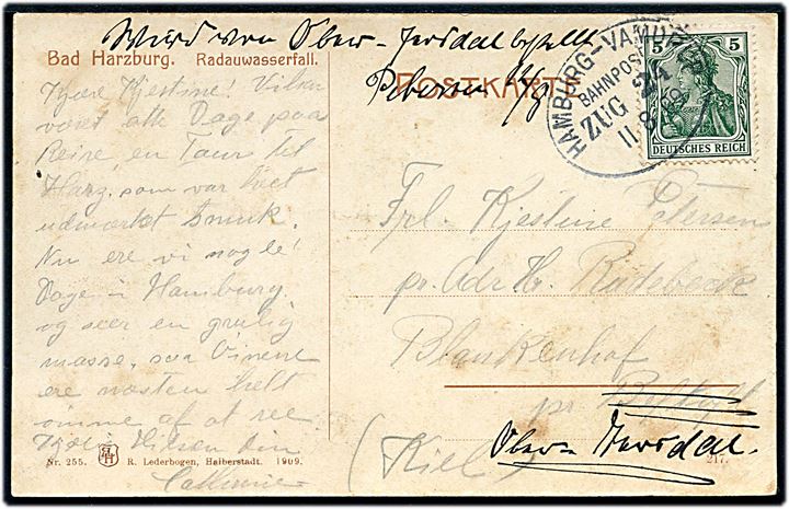 5 pfg. på brevkort fra Bad Harzberg annulleret med bureaustempel Hamburg - Vamdrup Bahnpost Zug 24 d. 11.8.1909 til Blankenhof pr. Bevtoft - eftersendt til Ober-Jersdal.