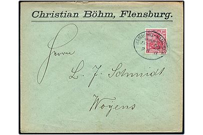 10 pfg. Germania på brev fra Flensburg annulleret med bureaustempel Hamburg - Vamdrup Bahnpost Zug 22 d. 2.11.1903 til Woyens.