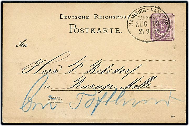 5 pfg. Ciffer helsagsbrevkort annulleret med bureaustempel Hamburg - Vamdrup Bahnpost Zug 13 d. 21.9.1889 til Burup Mölle påskrevet bei Toftlund.
