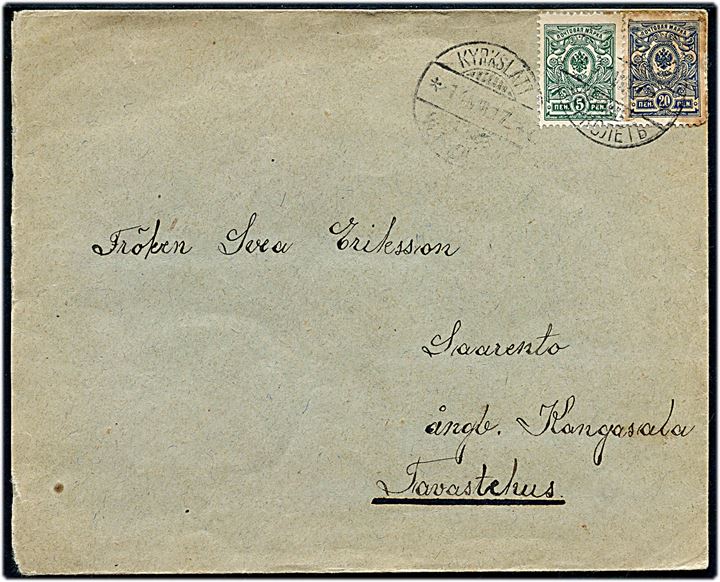 5 pen. og 20 pen. Våben på brev fra Kyrkslätt d. 14.8.1917 via Tavastehus med ångbåt Kangasala til Saarento. 