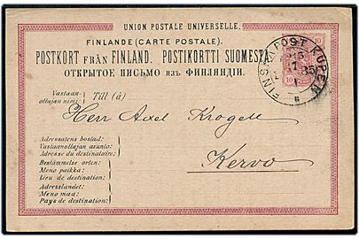 10 pen. helsagsbrevkort fra Helsingfors annulleret med bureaustempel Finska Post Kupen No. 13 d. 17.1.1885 til Kervo.