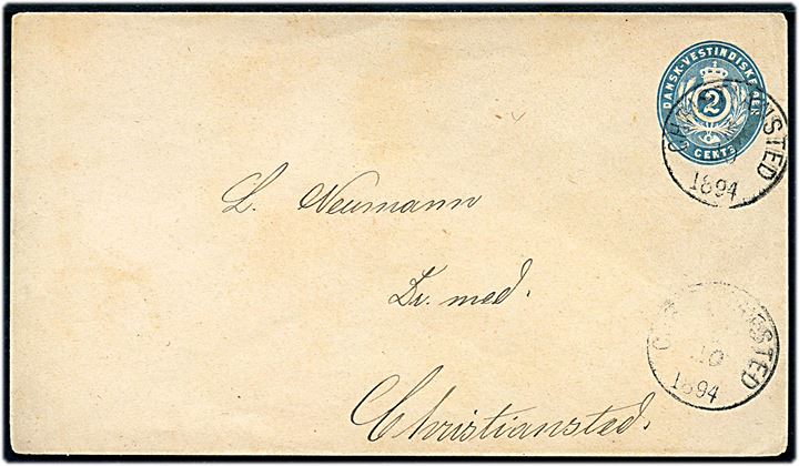2 cents helsagskuvert sendt lokalt i Christiansted d. 5.10.1894.