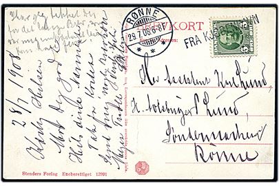 5 øre Fr. VIII på brevkort (Amanda, jeg kan se, hvad Du tænker paa! Fy, skam Dig) annulleret med skibsstempel Fra Kjøbenhavn og sidestemplet Rønne d. 29.7.1908 til Rønne, Bornholm.