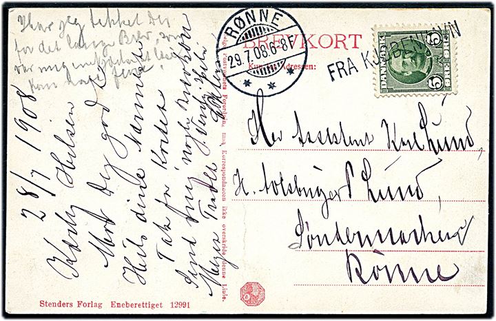 5 øre Fr. VIII på brevkort (Amanda, jeg kan se, hvad Du tænker paa! Fy, skam Dig) annulleret med skibsstempel Fra Kjøbenhavn og sidestemplet Rønne d. 29.7.1908 til Rønne, Bornholm.