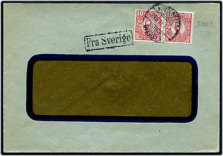 Svensk 10 öre Gustaf i parstykke på rudekuvert annulleret med dansk bureaustempel Kjøbenhavn - Warnemünde T.93 d. 29.6.1912 og sidestemplet Fra Sverige. Afkortet i toppen.