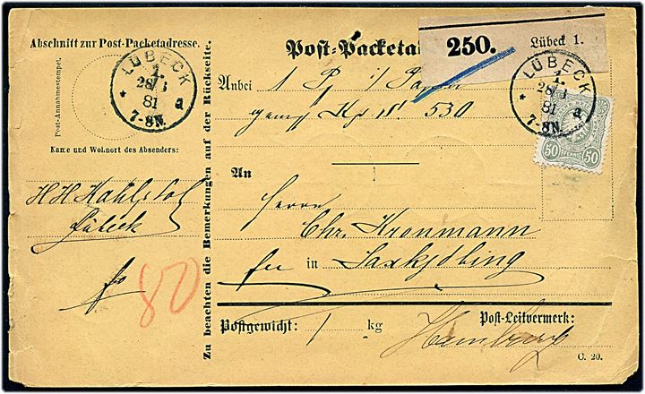 10 pfg., 20 pfg. og 50 pfg. Adler på for- og bagside af adressekort for pakke fra Lübeck d. 28.1.1881 via Hamburg og Kolding til Saxkjøbing, Danmark.