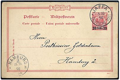20 para/10 pfg. provisorisk helsagsbrevkort stemplet Jaffa * Deutsche Post * d. 5.10.1898 til Hamburg, Tyskland.