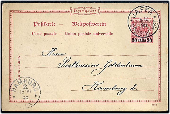 20 para/10 pfg. provisorisk helsagsbrevkort stemplet Jaffa * Deutsche Post * d. 5.10.1898 til Hamburg, Tyskland.