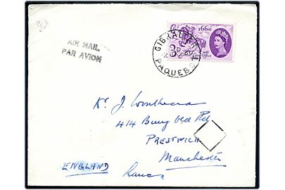 3d General Letter Office single på luftpostbrev annulleret med skibsstempel Gibraltar Paquebot d. 12.10.1960 til Prestwich, England.