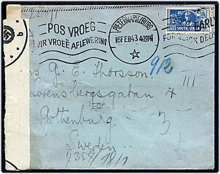 3d single på brev fra Pietermaritzburg d. 16.2.1943 via Lissabon til Göteborg, Sverige. Åbnet af både sydafrikansk censur og tysk censur i Berlin.