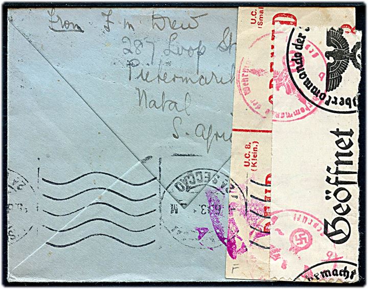 3d single på brev fra Pietermaritzburg d. 16.2.1943 via Lissabon til Göteborg, Sverige. Åbnet af både sydafrikansk censur og tysk censur i Berlin.