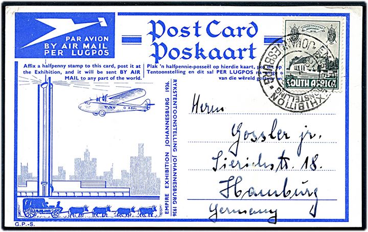 ½d Voortrekker udg. på særligt udstillings luftpost brevkort annulleret med særstempel i Juhannesburg d. 28.10.1936 til Hamburg, Tyskland.