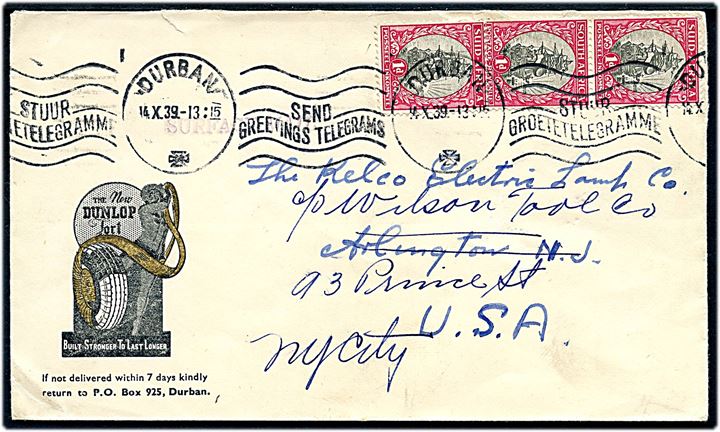 1d Skib (3) på illustreret firmakuvert fra Dunlop sendt som overfladepost fra Durban d. 14.10.1939 til Arlington, USA - eftersendt til New York.