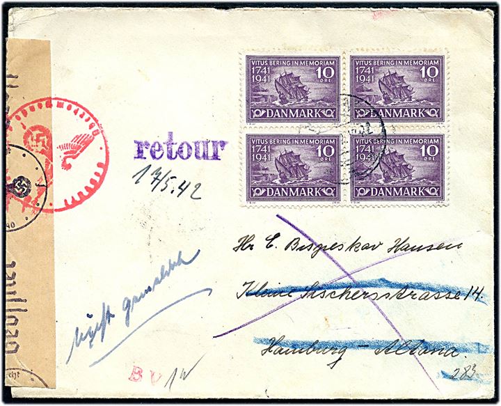 10 øre Vitus Bering i fireblok på brev fra Malling 1942 til Hamburg, Tyskland. Returneret med 2-sproget retur-etiket Unbekandt. Åbnet af tysk censur i Hamburg.
