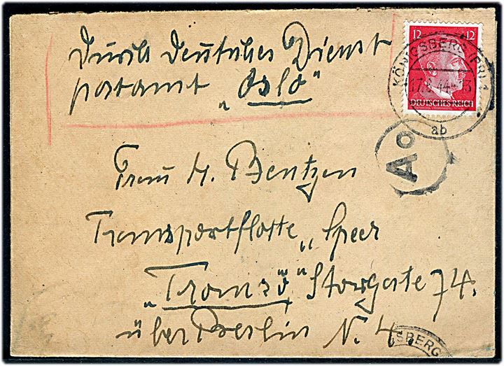 12 pfg. Hitler på brev fra Königsberg d. 17.6.1944 til dansk kvinde, H. Bentzen, ved Transportflotte Speer i Tromsø, Norge. Sendt via Deutsche Dienstpostamt Oslo. Passér stemplet Ao ved den tyske censur i Oslo.