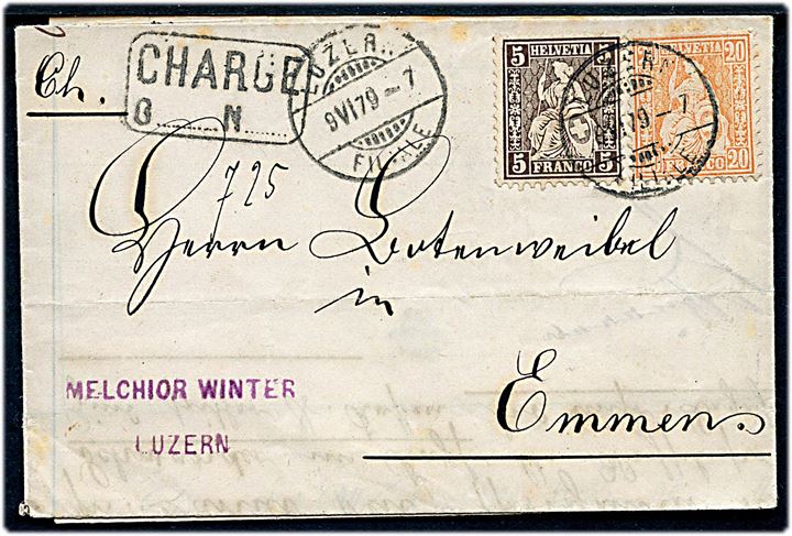 5 c. og 20 c. Helvetia på anbefalet brev fra Luzern d. 9.6.1879 til Emmens.