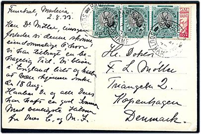 ½d (3-stribe) over portugisisk frimærke på brevkort dateret Funchal, Madeira annulleret med skibsstempel Paquebot Southampton d. 7.8.1933 til København, Danmark.