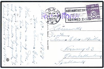 10 øre Bølgelinie på brevkort (Molskroen) annulleret Aarhus d. 10.8.1939 og sidestemplet Rutebilbrev til Charlottenlund.